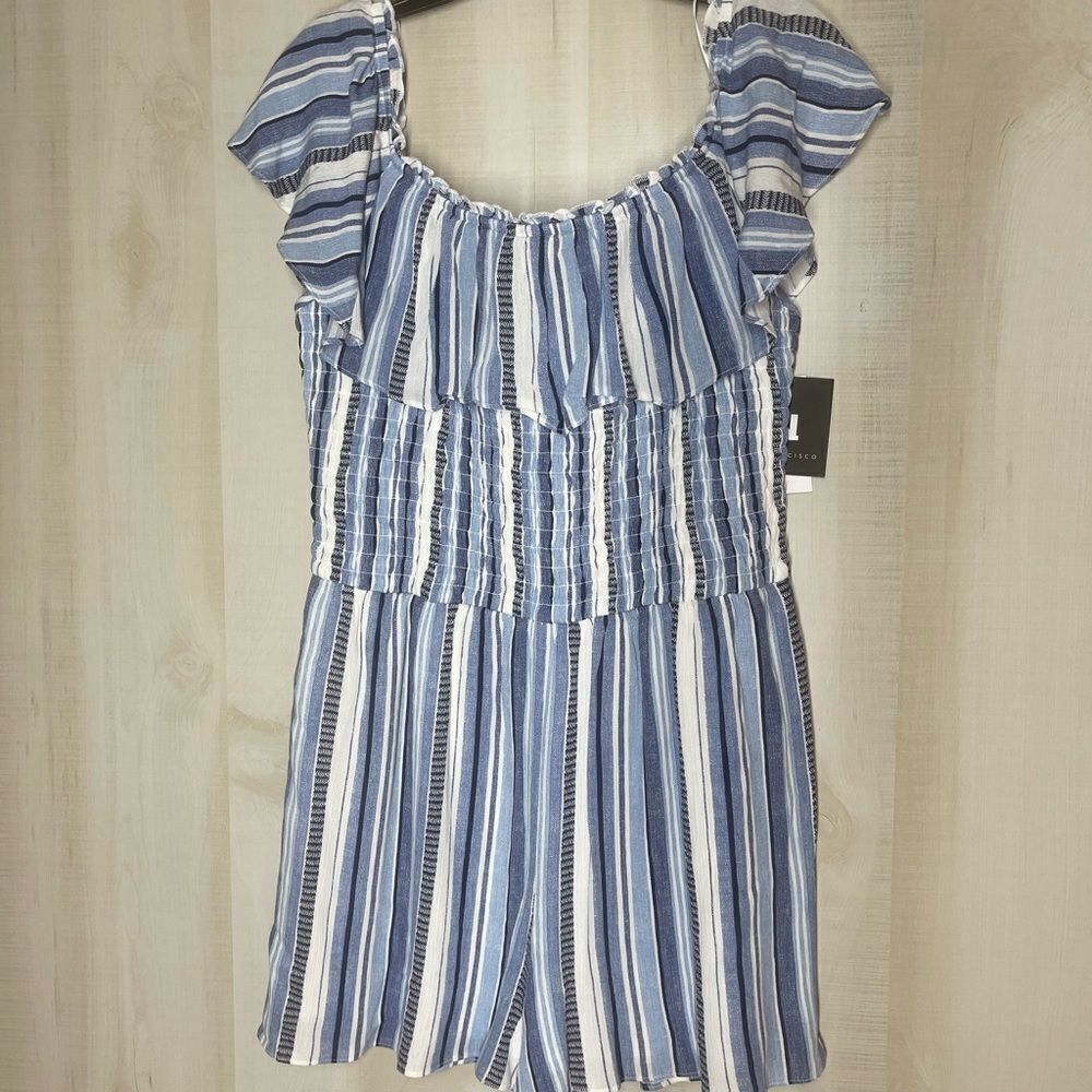 I. N. San Francisco blue and white‎ striped shorts romper, ruffle, size large